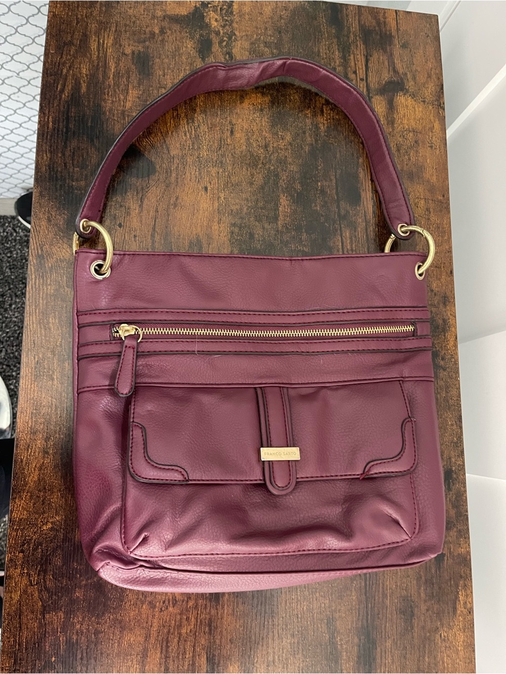 Franco Sarto Wine Leather Shoulder Bag with Gold Hardware